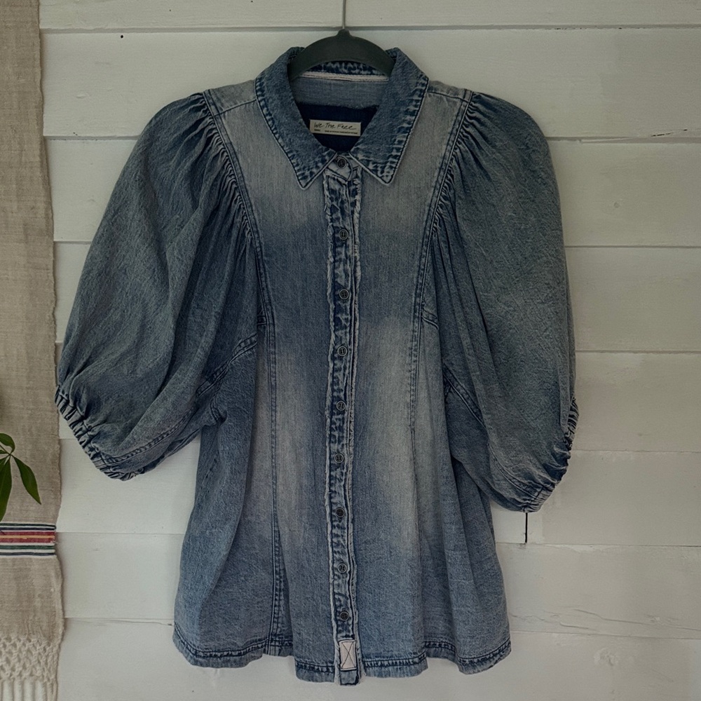 We The Free Blue Denim Button-Up Puff Sleeve Shirt